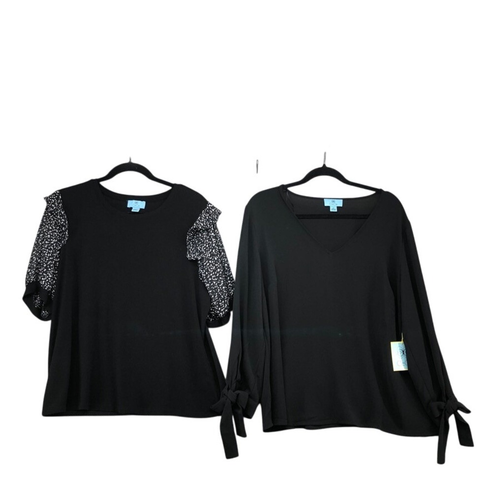 CeCe Blouse Lot Womens XXL 1X Plus Black V Neck Tie Sleeve Ruffle Dot Top